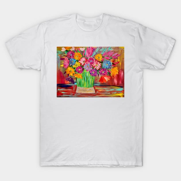 Bright and colorful abstract flowers in a large vase T-Shirt by kkartwork